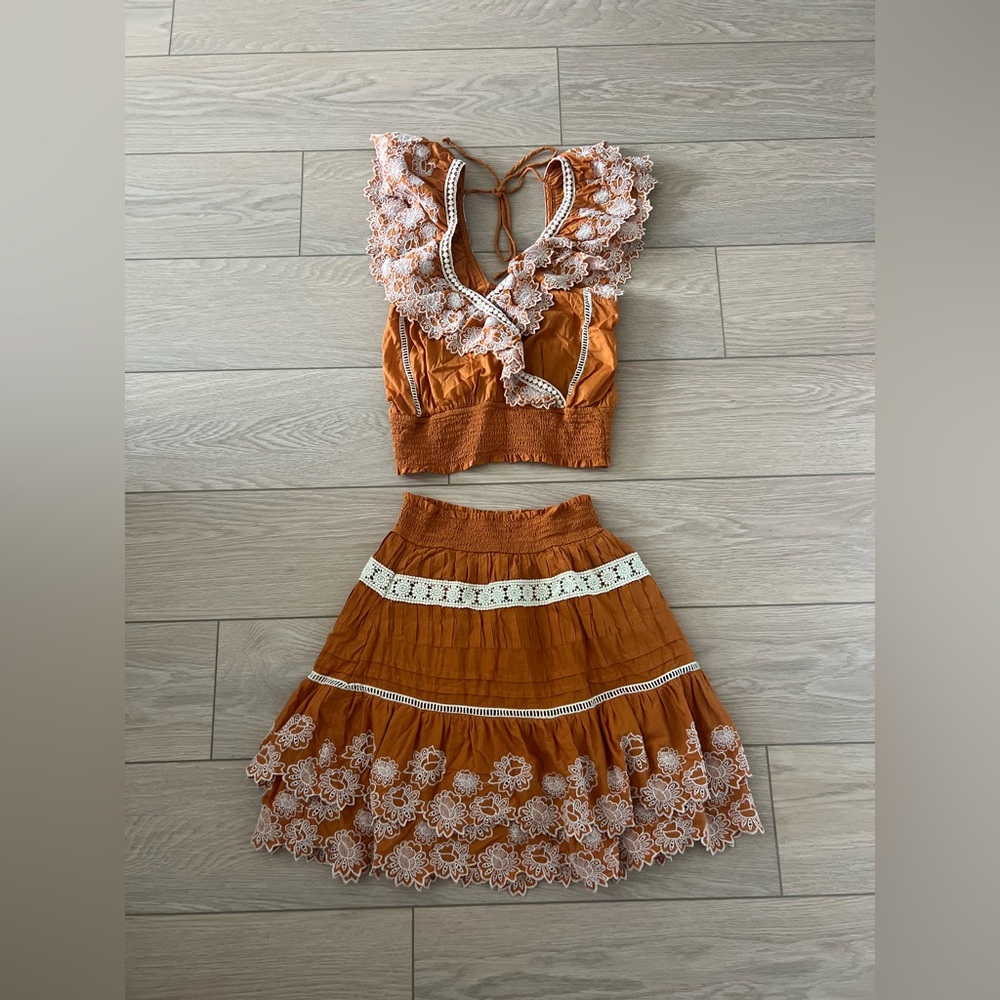 Anthropologie two piece set embroidered boho smocked tank top and skirt size xs
